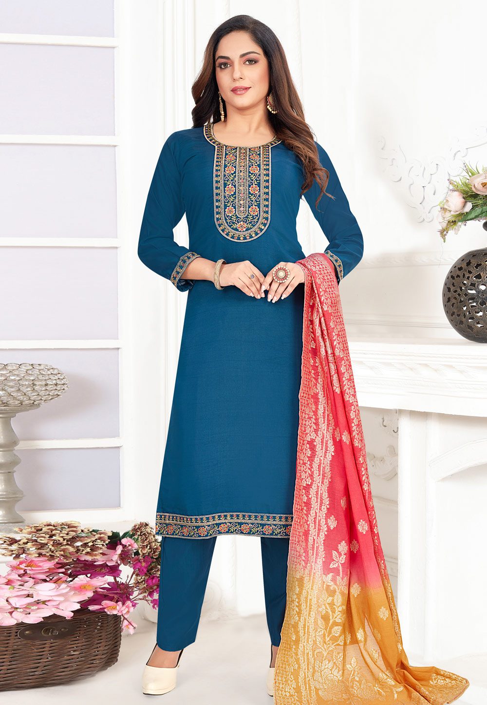 Blue Silk Readymade Pant Style Suit 305044