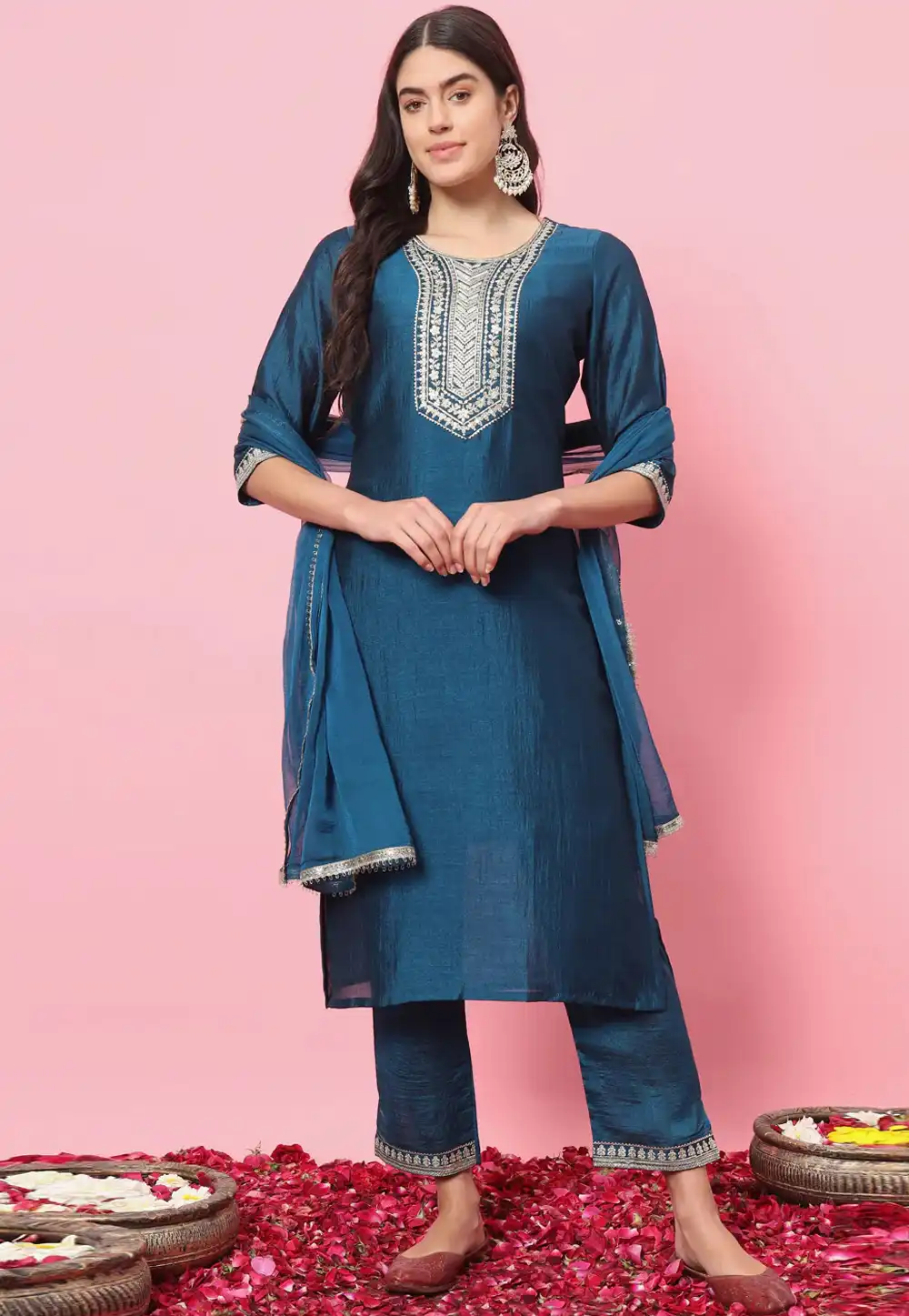 Blue Silk Readymade Pant Style Suit 289466