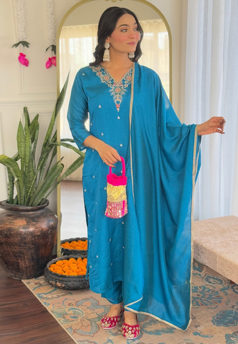 Blue Silk Readymade Pant Style Suit 309537