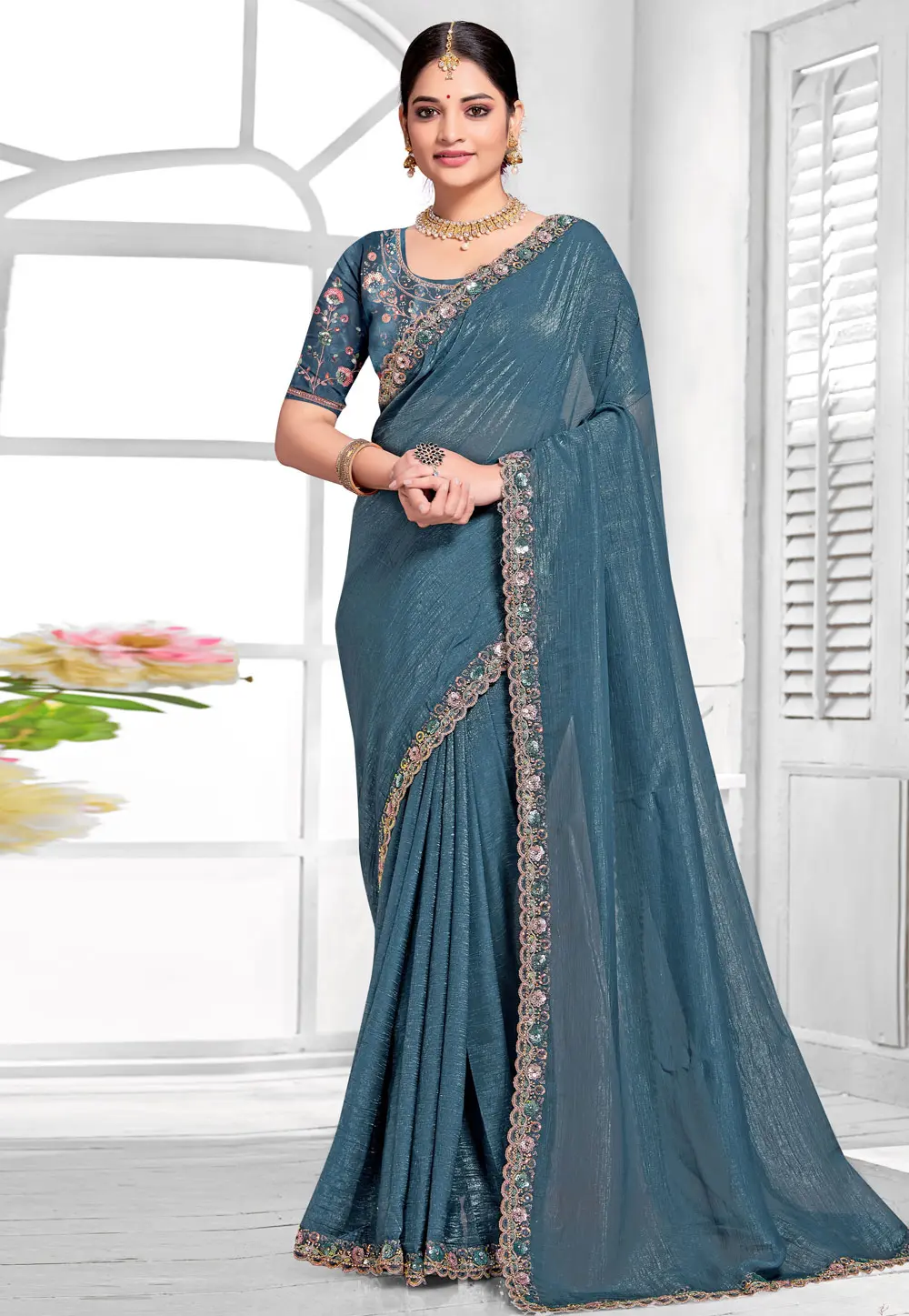 Blue Silk Saree With Blouse 303613