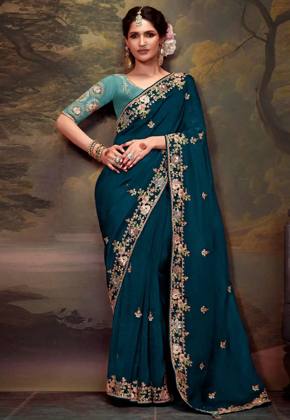 Blue Tissue Saree With Blouse 293636