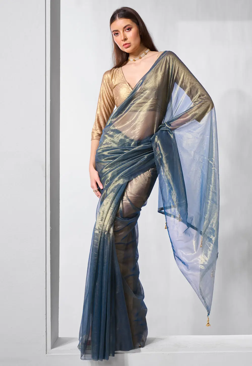 Blue Tissue Saree With Blouse 301246