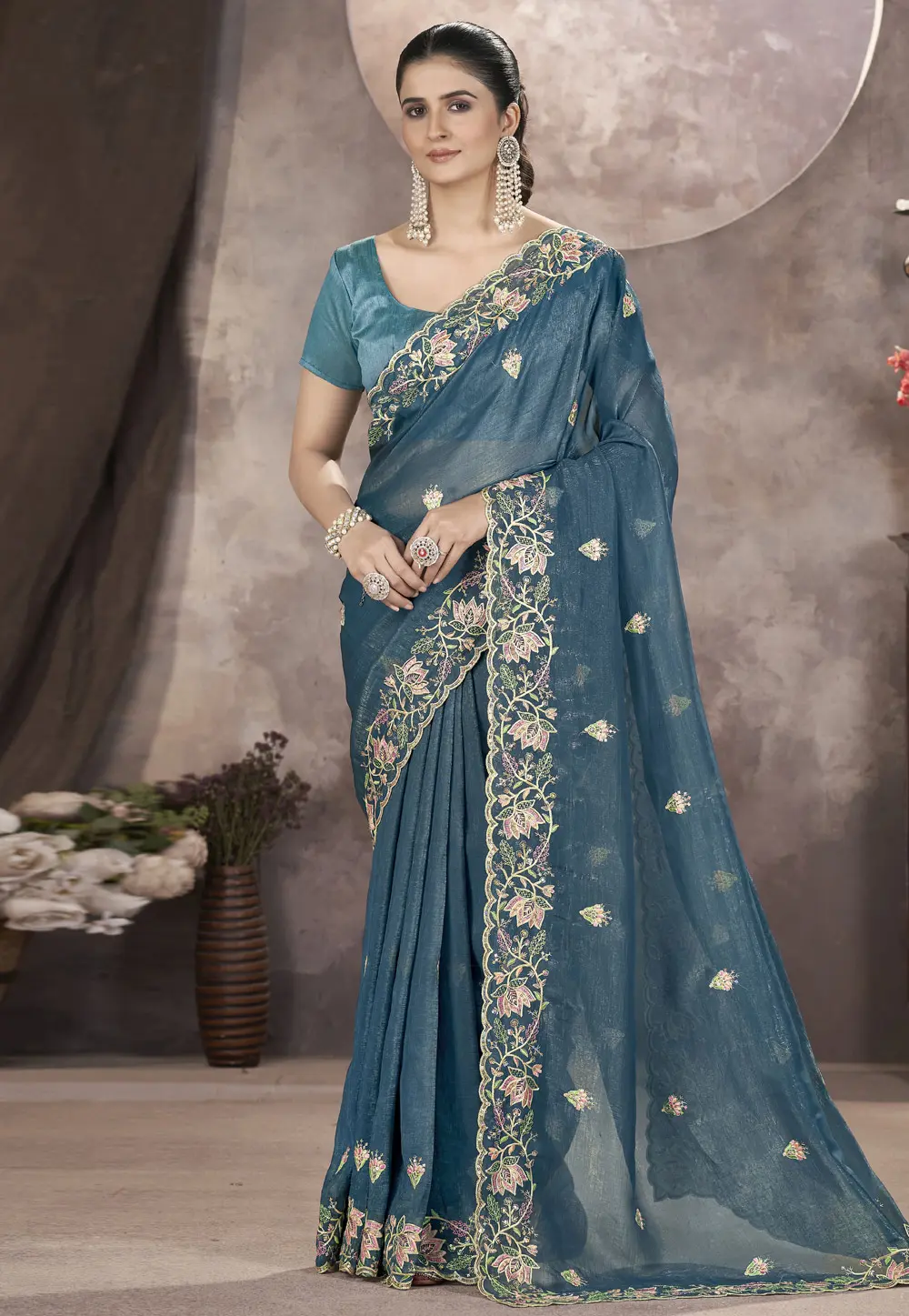 Blue Tissue Saree With Blouse 302530