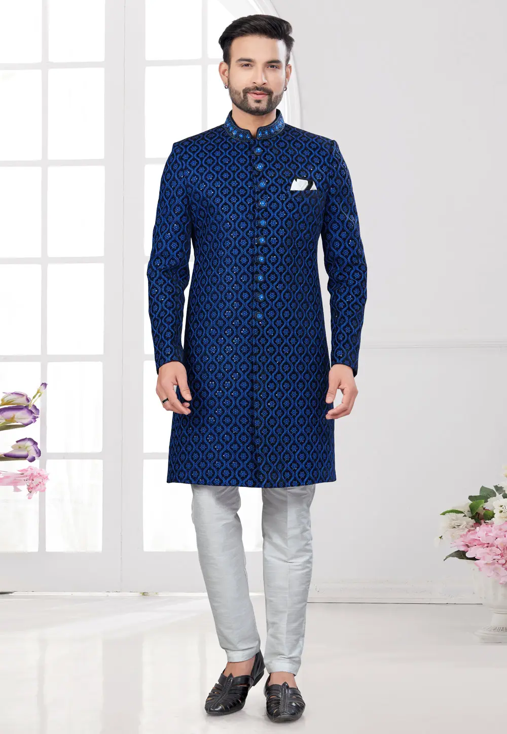 Blue Velvet Achkan Style Sherwani 295640