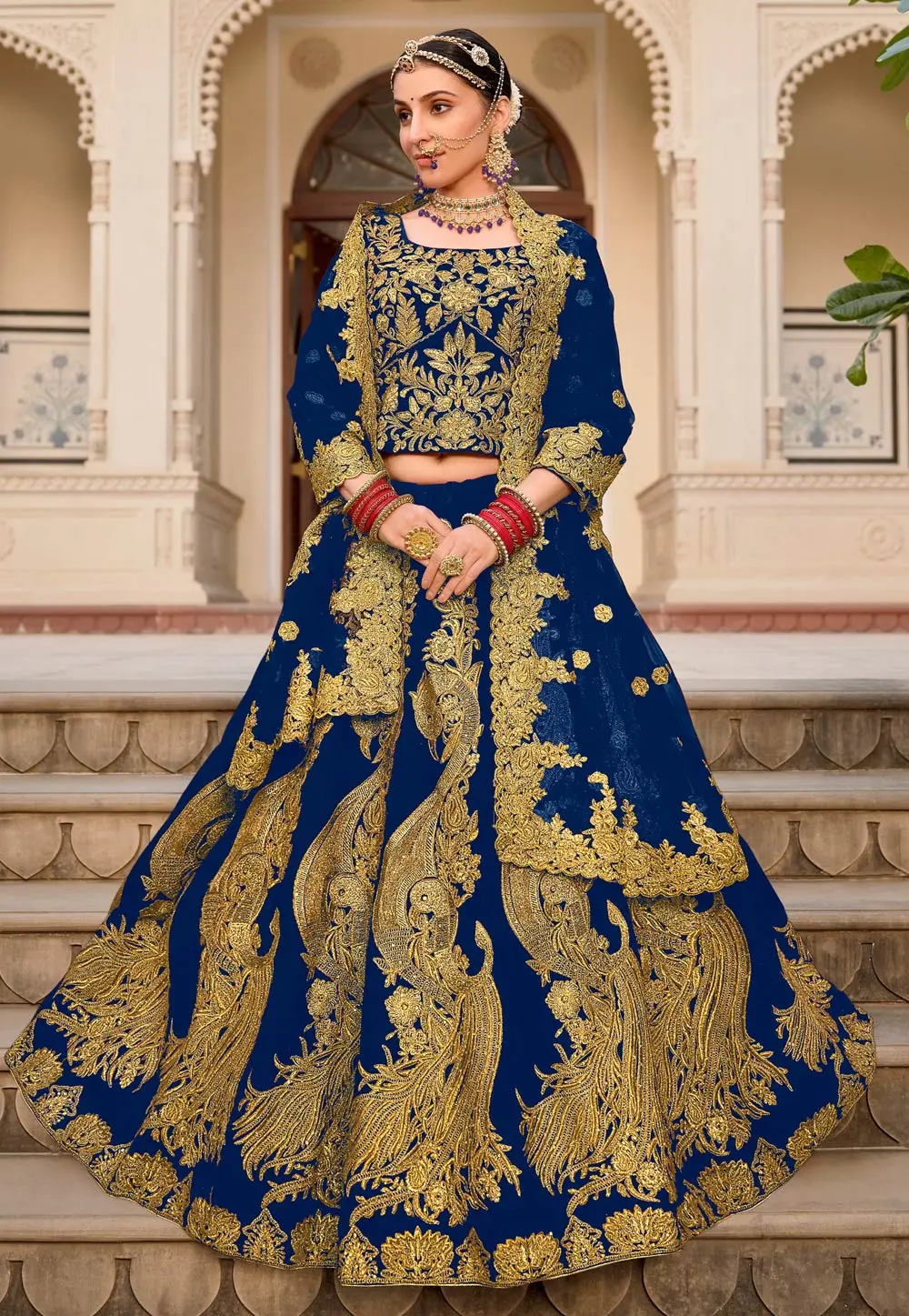 Blue Velvet Bridal Lehenga Choli 297989