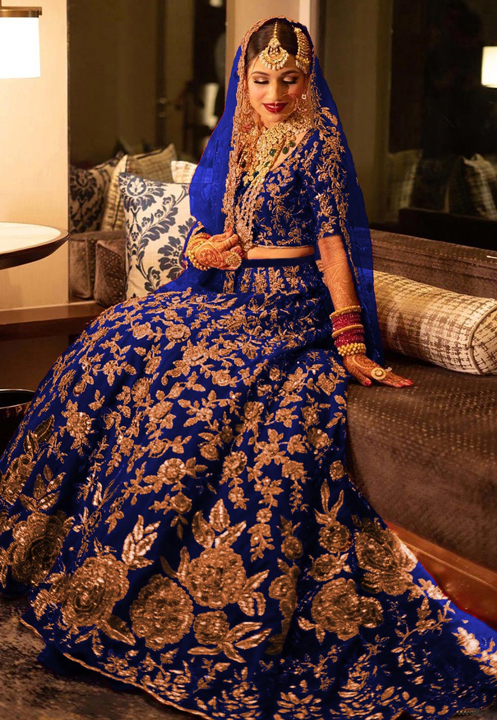 Blue Velvet Bridal Lehenga Choli 279908