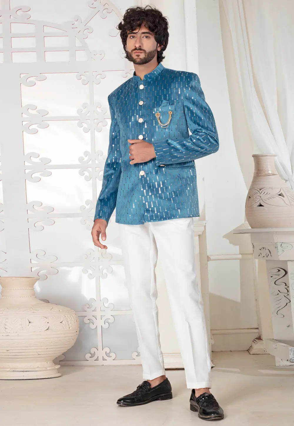 Blue Velvet Jodhpuri Suit 302161