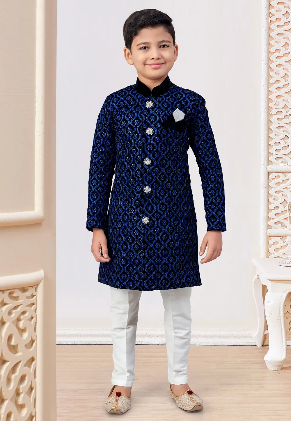 Blue Velvet Kids Indo Western Sherwani 303796