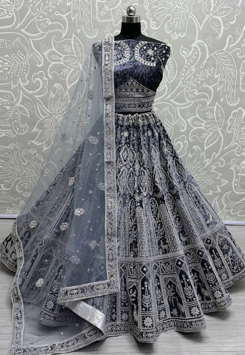 Blue Velvet Wedding Lehenga Choli 287224