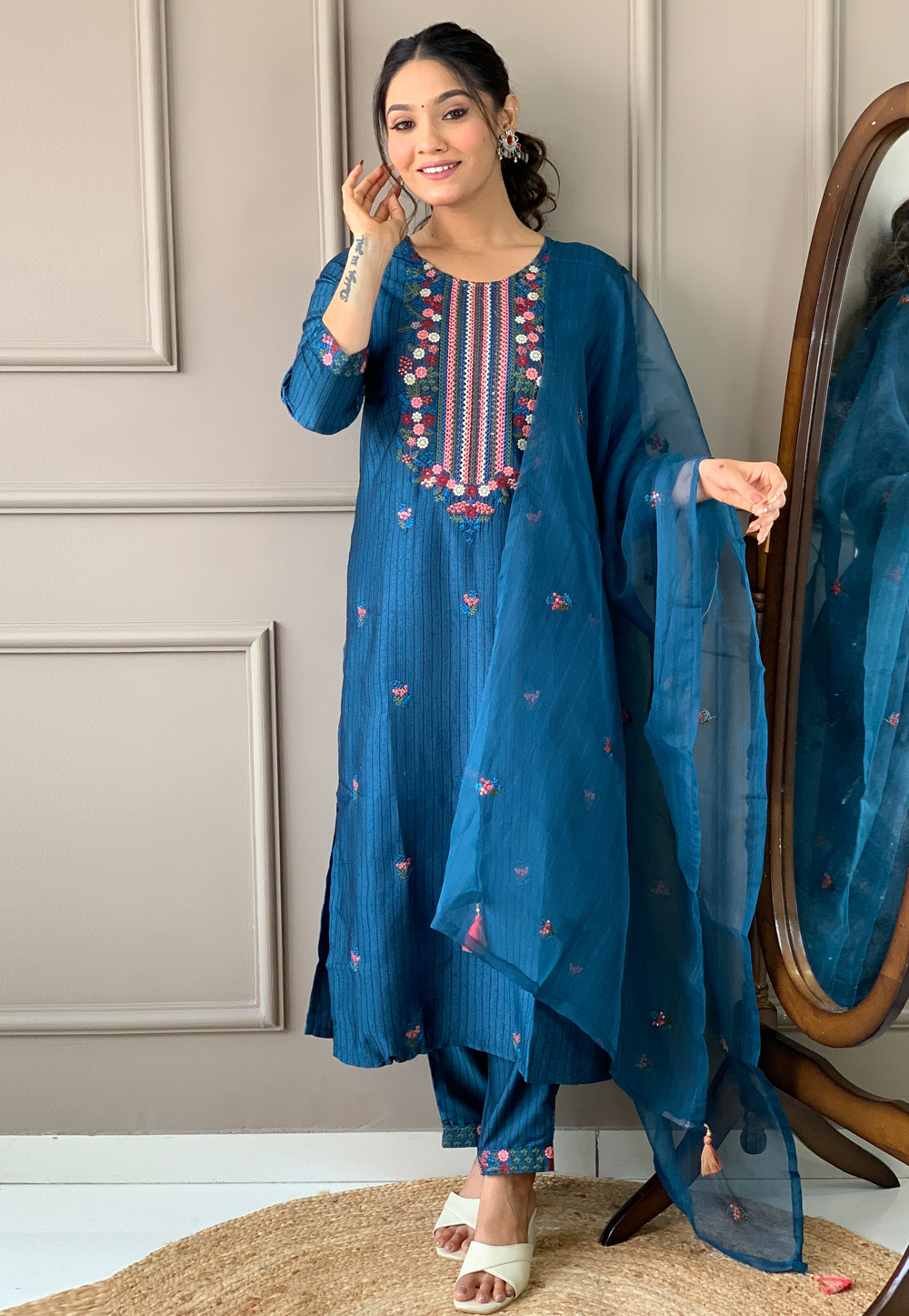 Blue Vicose Rayon Readymade Pakistani Suit 287604