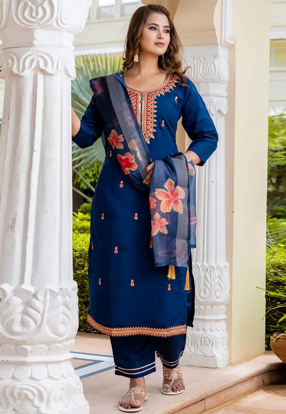 Blue Viscose Rayon Readymade Palazzo Suit 297550