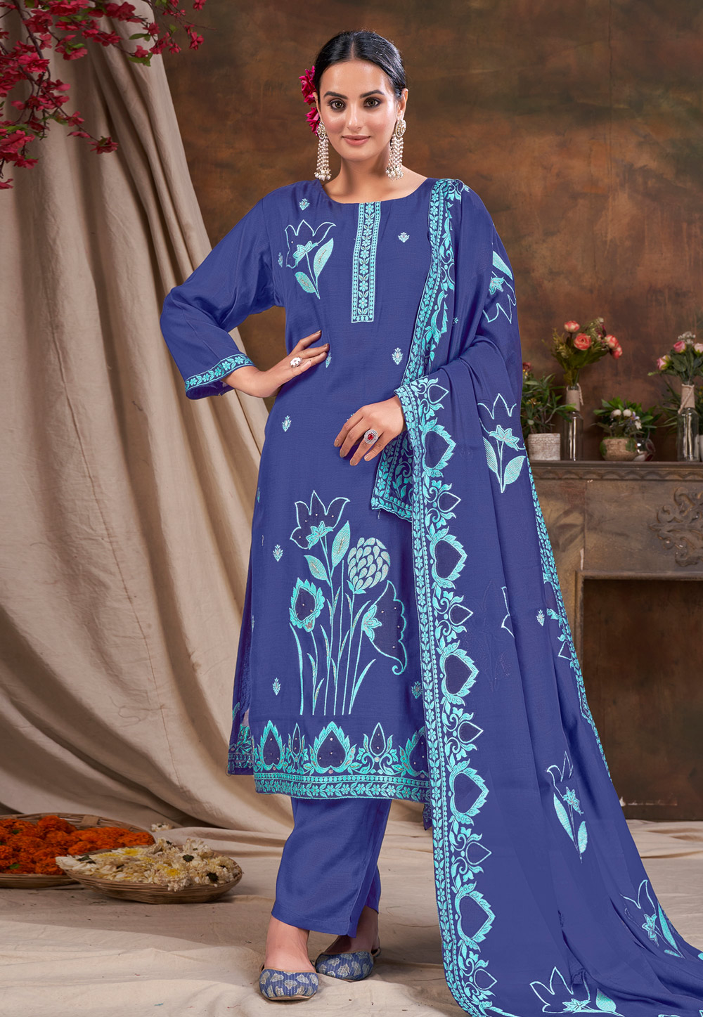 Blue Viscose Readymade Pakistani Suit 281883