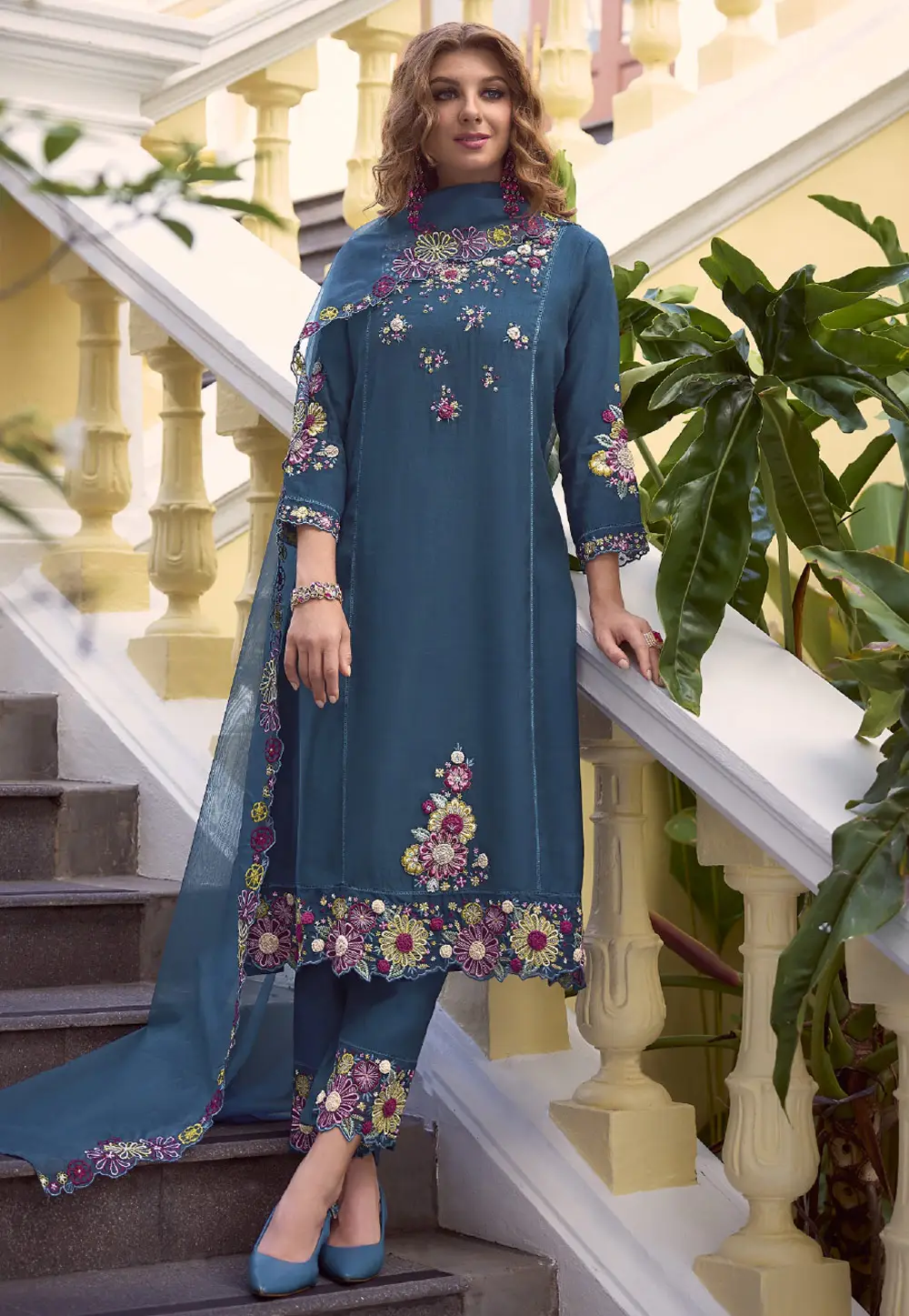 Blue Viscose Readymade Pant Style Suit 295202