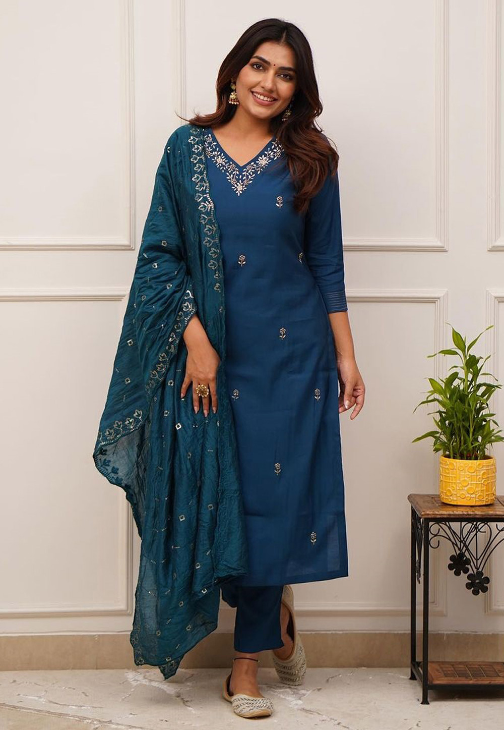 Blue Viscose Readymade Pant Style Suit 287282