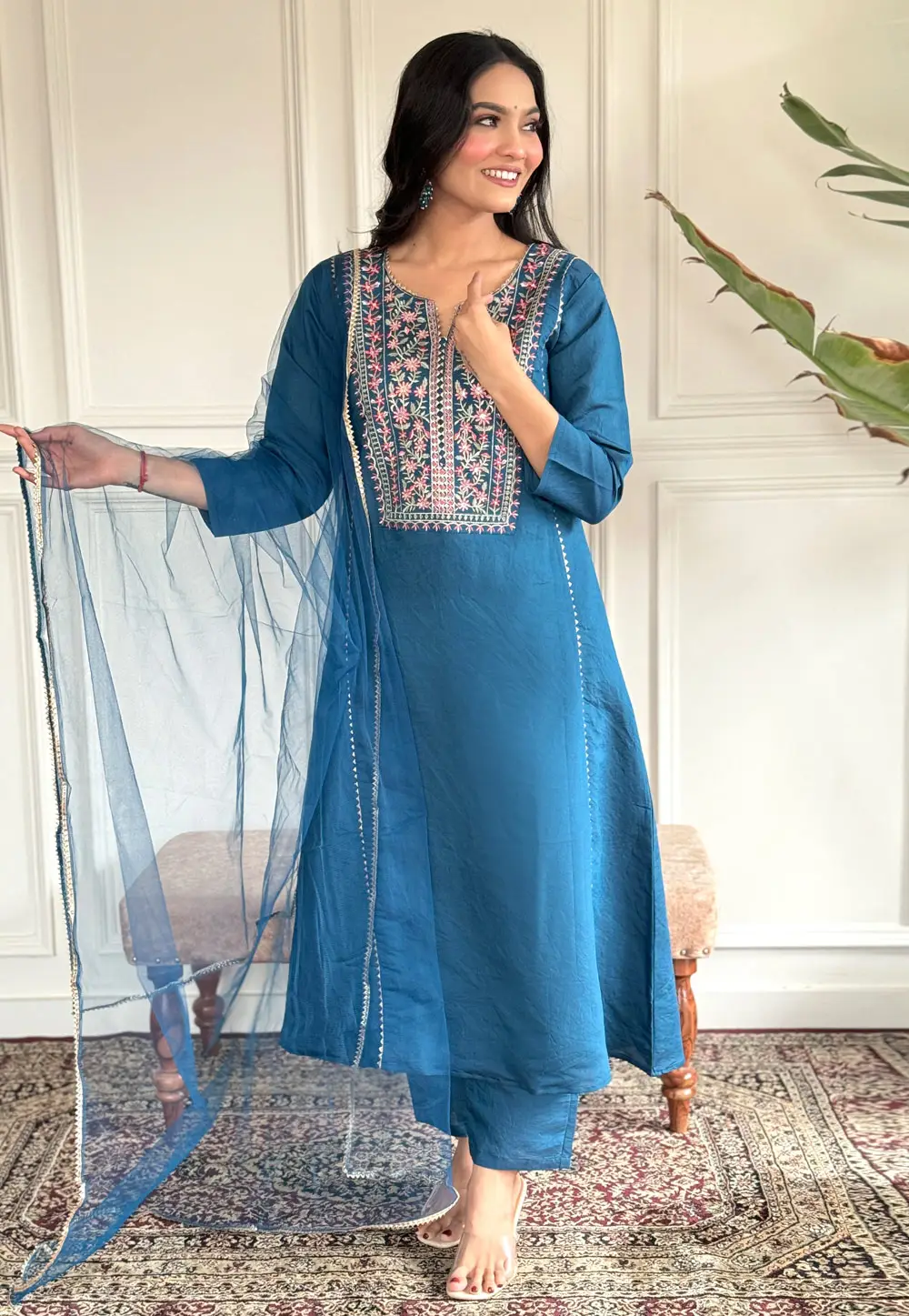 Blue Viscose Readymade Pant Style Suit 295364