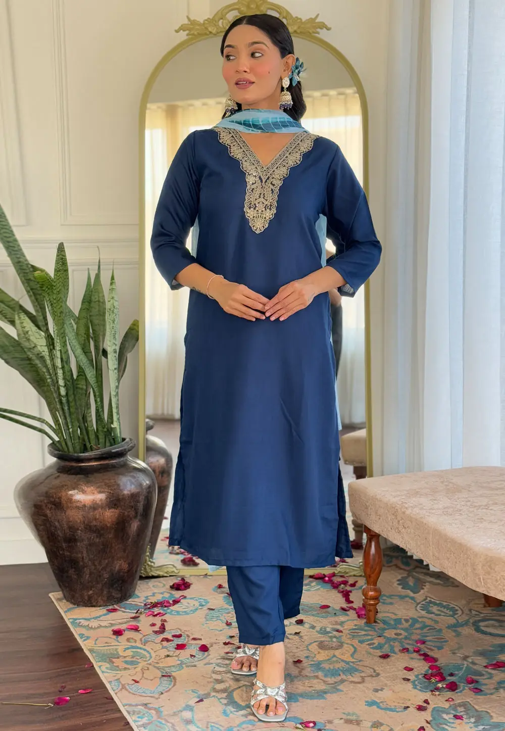 Blue Viscose Readymade Pant Style Suit 304573