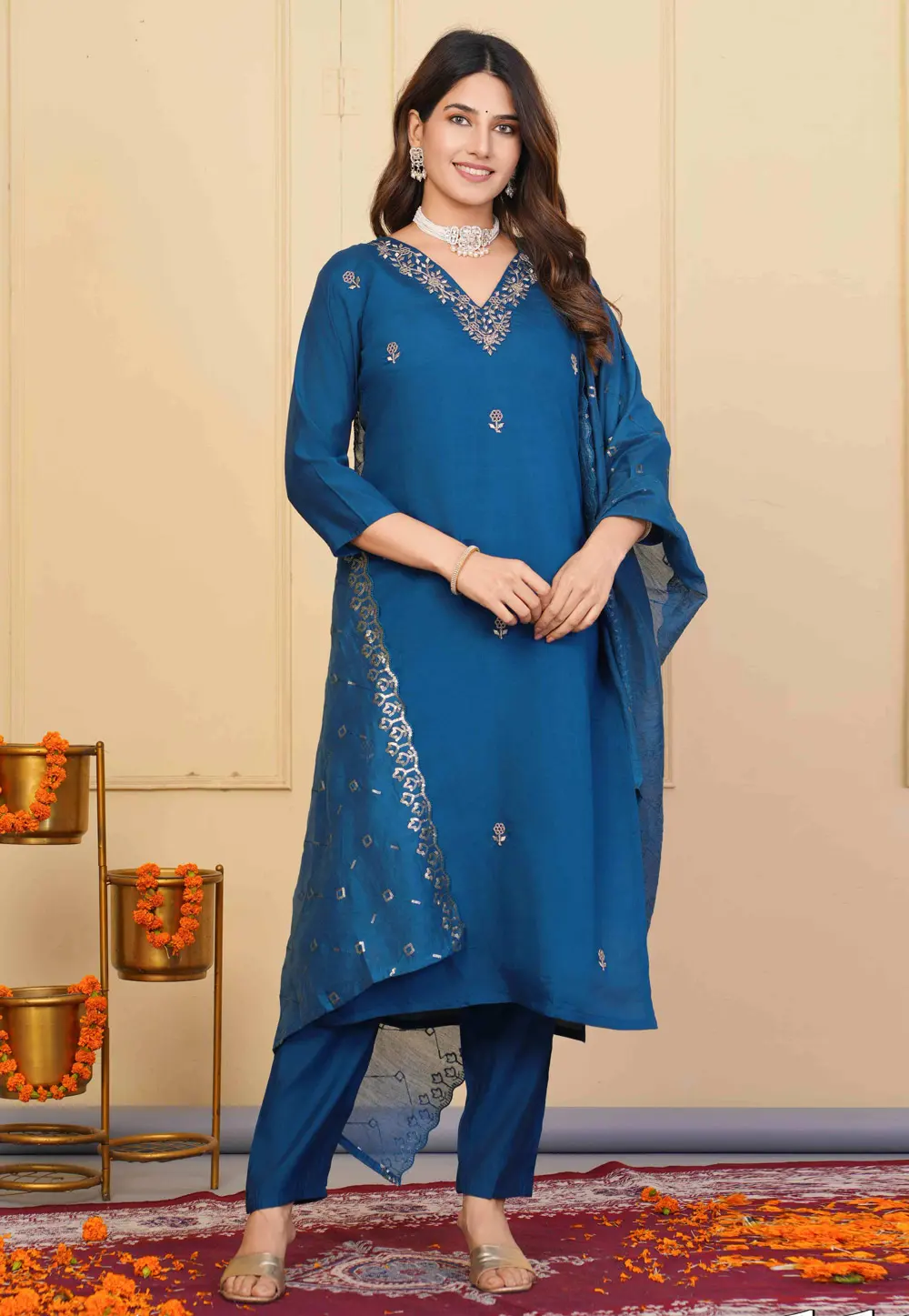 Blue Viscose Readymade Pant Style Suit 302708