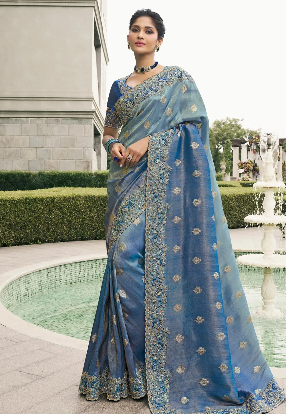 Blue Viscose Saree With Blouse 298198