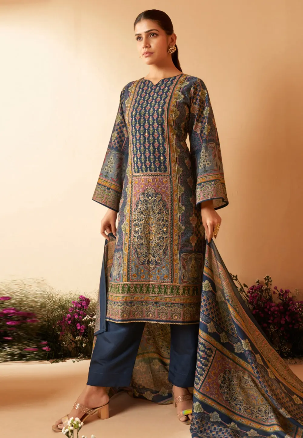 Blue Viscose Straight Suit 302703