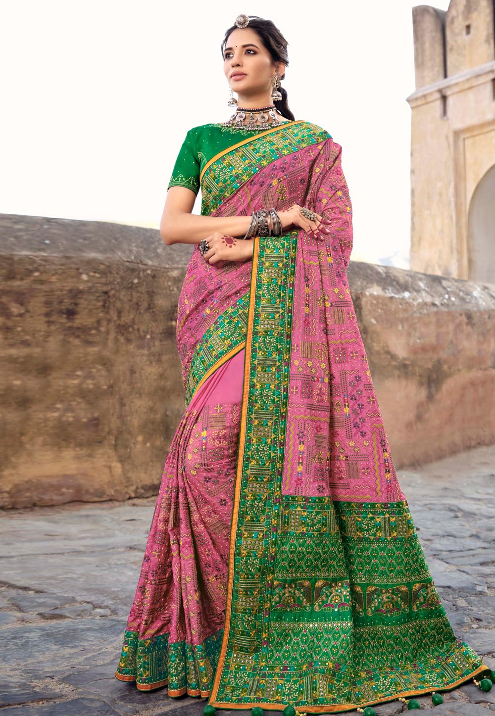Pink Banarasi Silk Saree With Blouse 242336