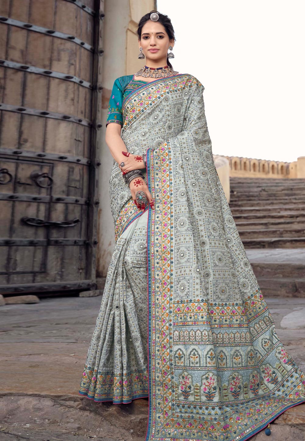 Grey Banarasi Silk Festival Wear Saree 242339