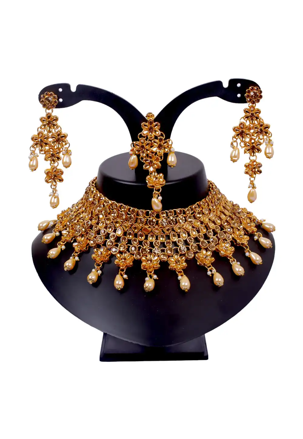 Brown Alloy Austrian Diamonds and Kundan Necklace Set With Earrings and Maang Tikka 292936