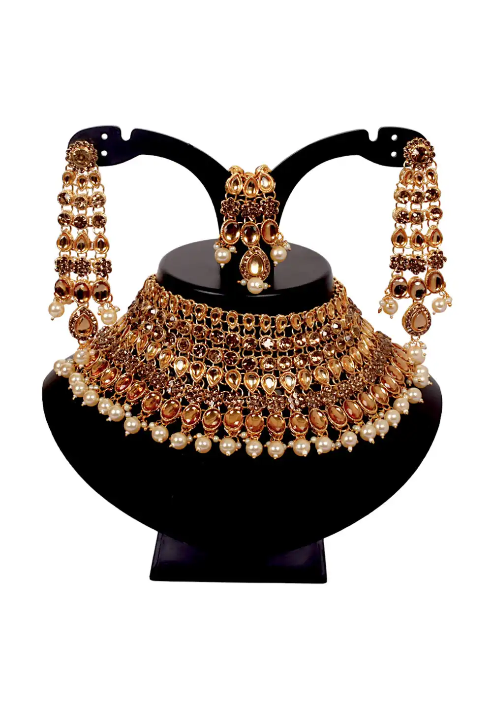 Brown Alloy Austrian Diamonds and Kundan Necklace Set With Earrings and Maang Tikka 292948