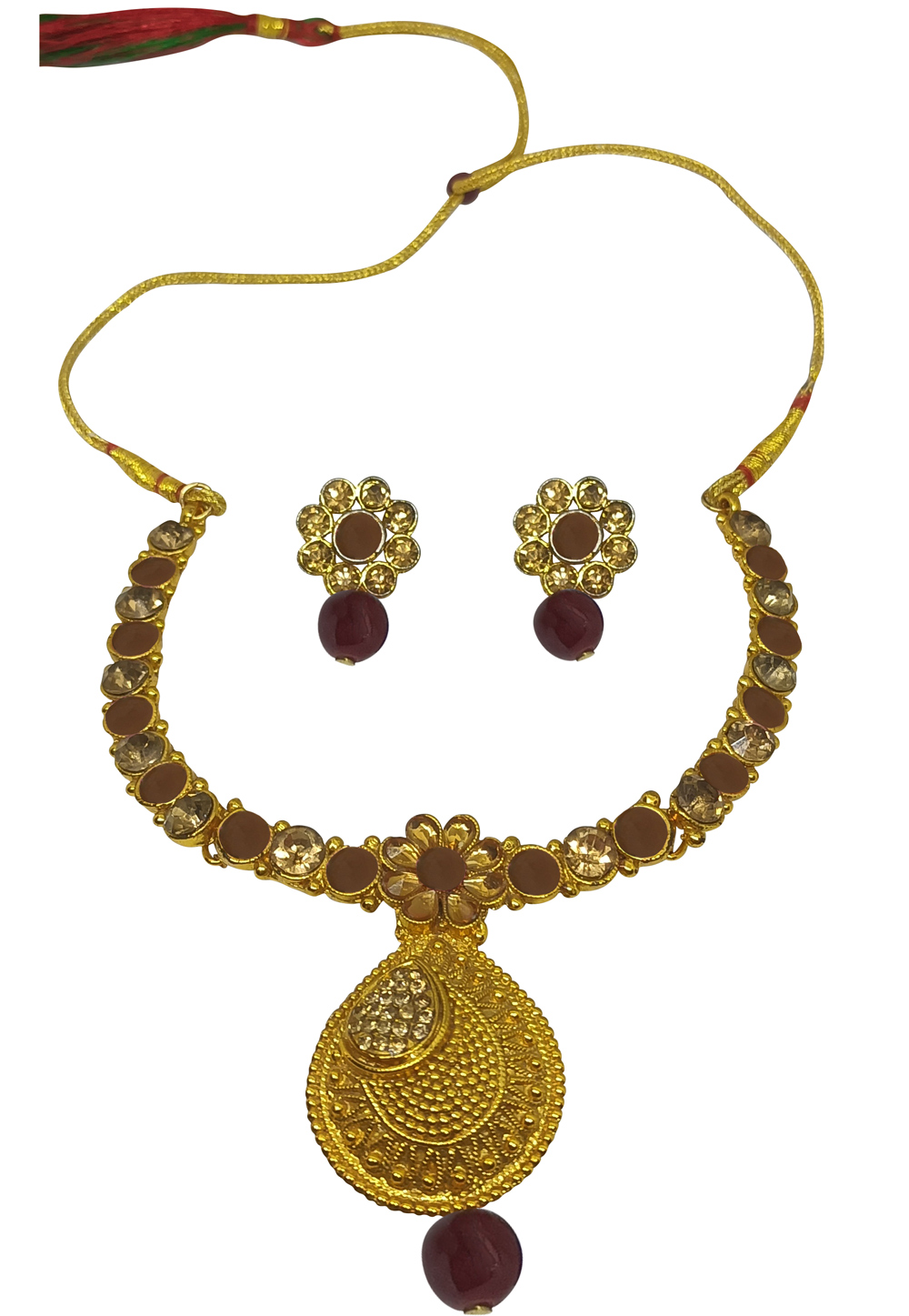 Brown Alloy Austrian Diamonds and Kundan Necklace With Earrings 280101