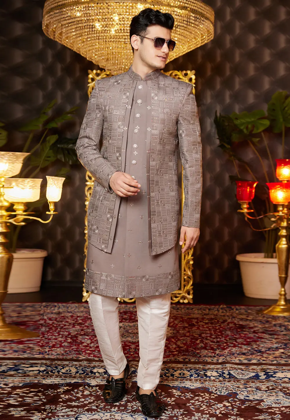 Brown Art Silk Jacket Style Sherwani 299189