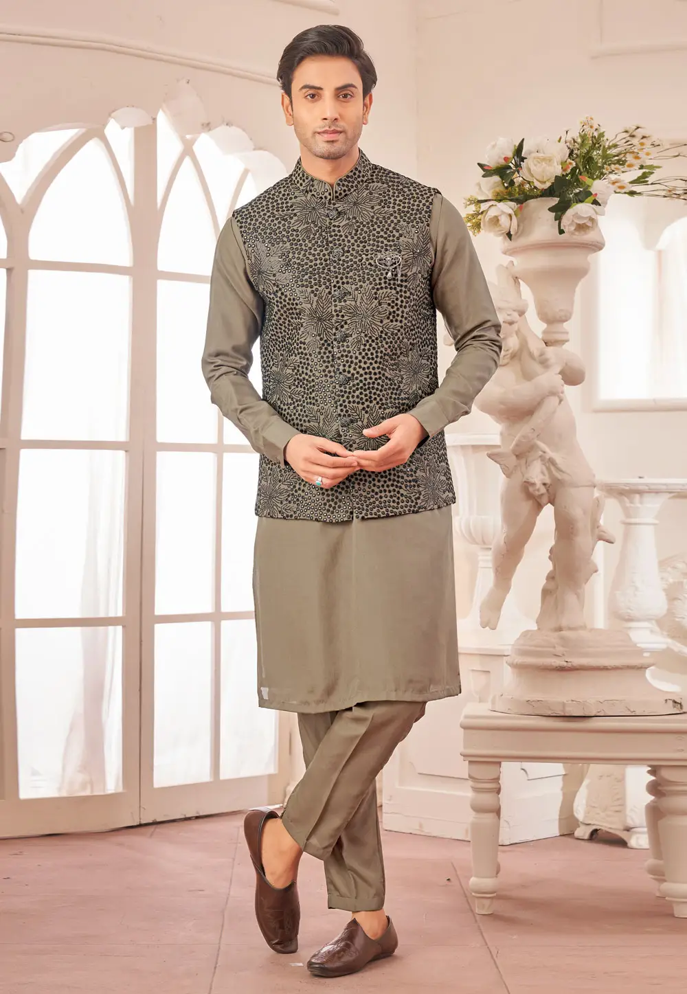 Brown Art Silk Kurta Pajama With Jacket 296636