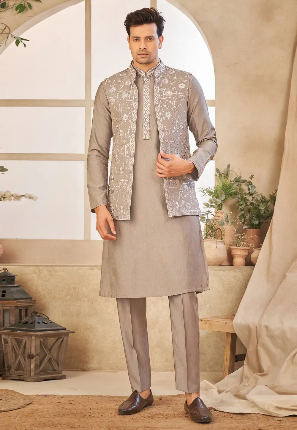 Brown Art Silk Kurta Pajama With Jacket 296697