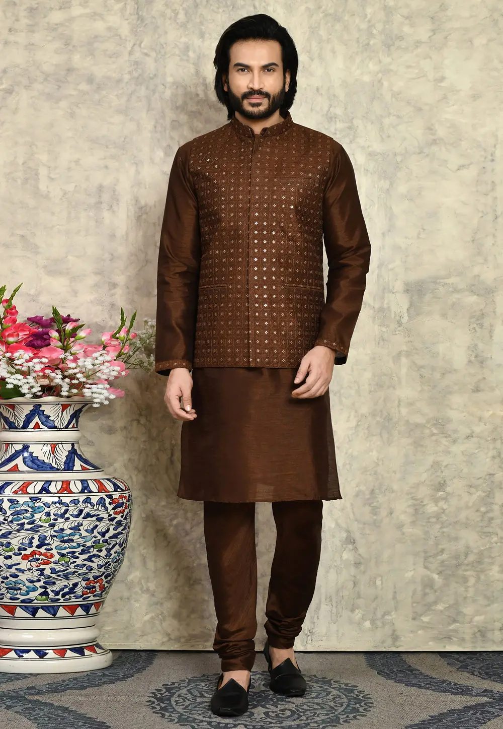 Brown Art Silk Kurta Pajama With Jacket 295432