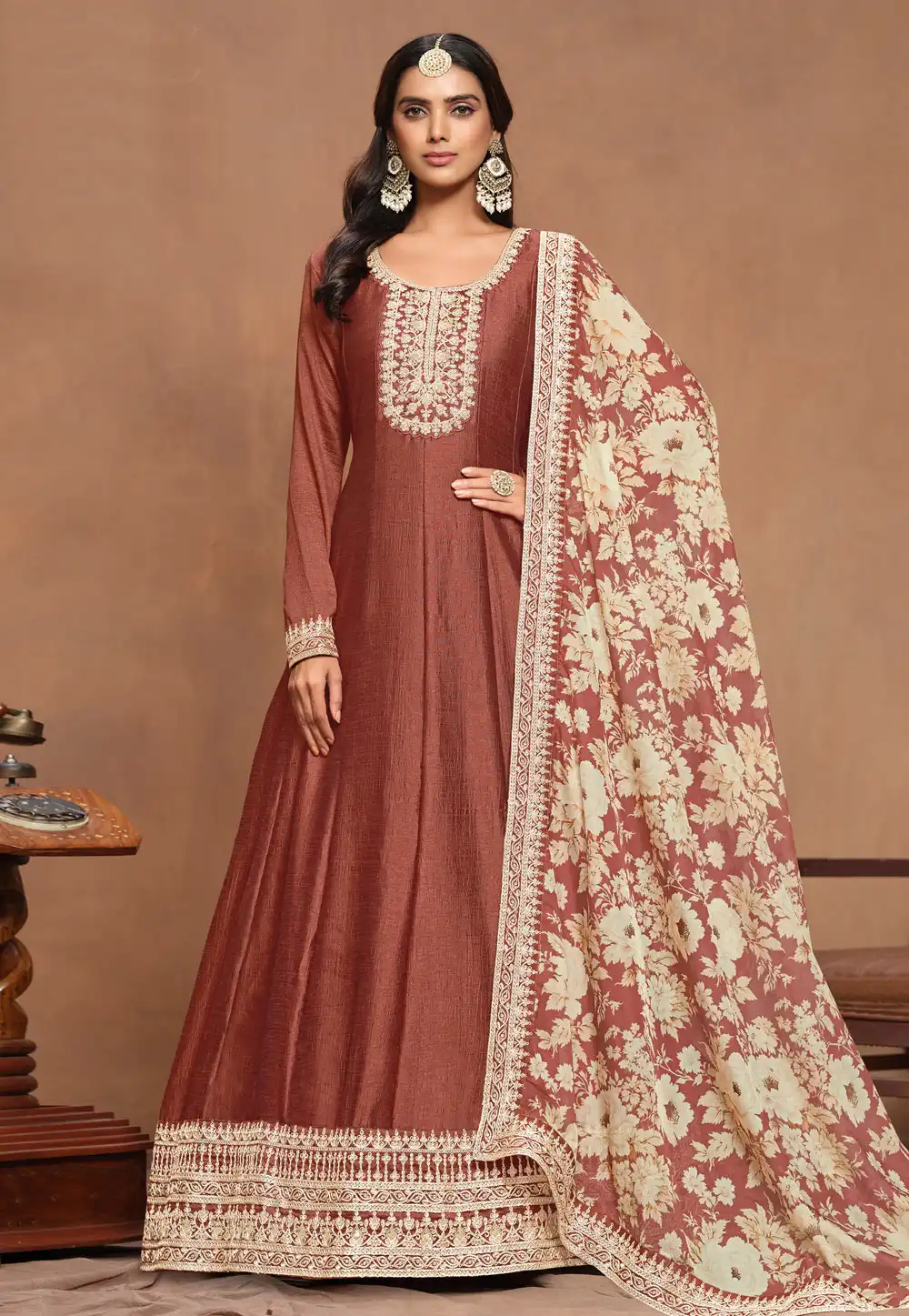 Brown Art Silk Long Anarkali Suit 293553