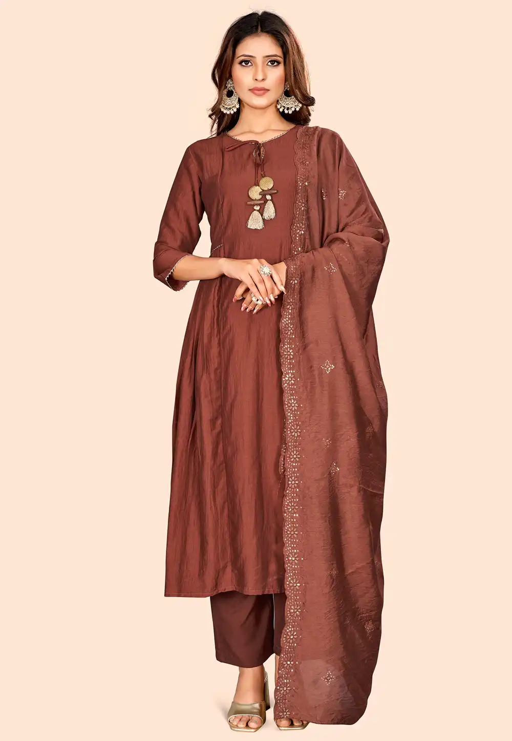 Brown Art Silk Readymade Pant Style Suit 288365