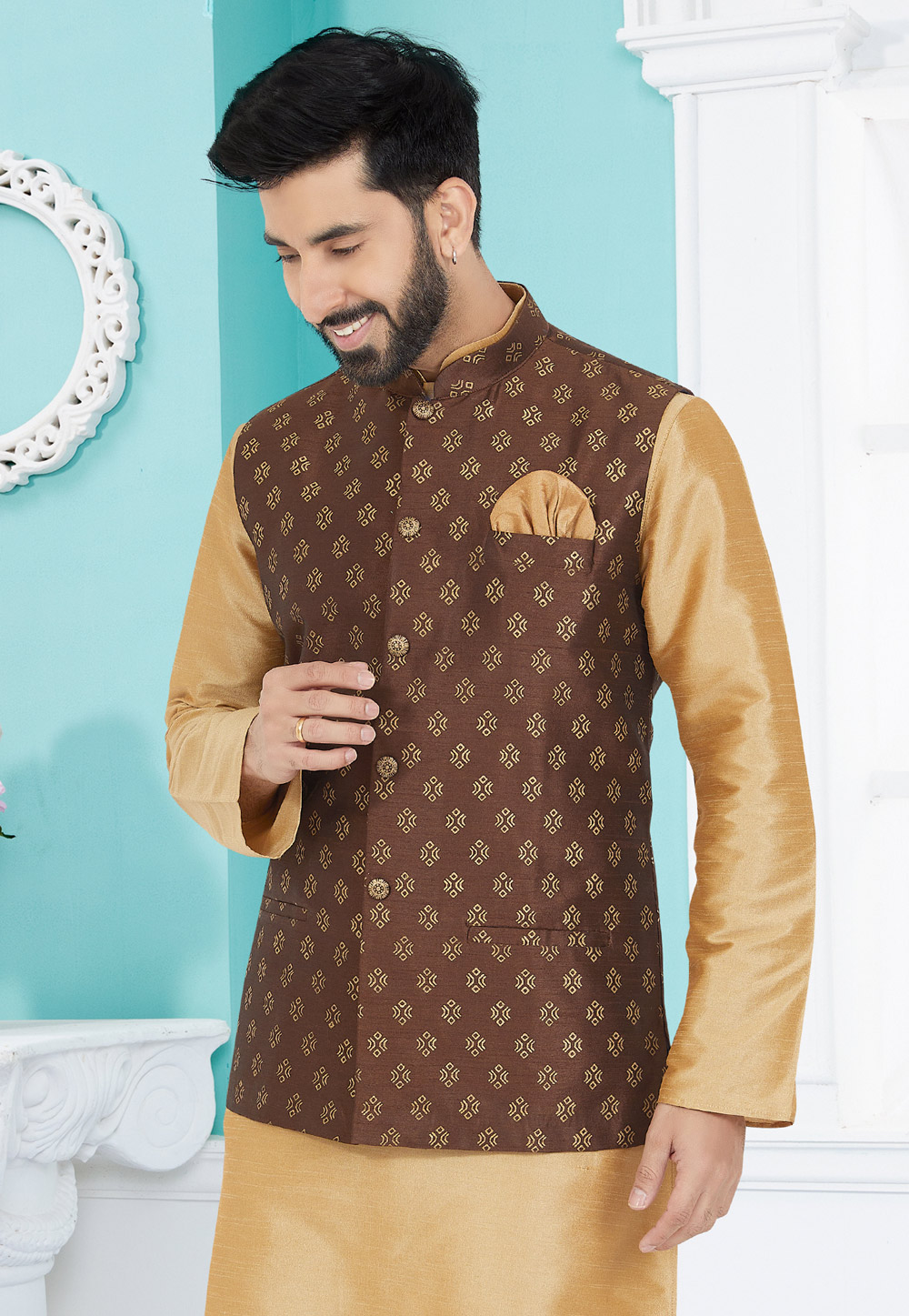 Brown Banarasi Nehru Jacket 286740