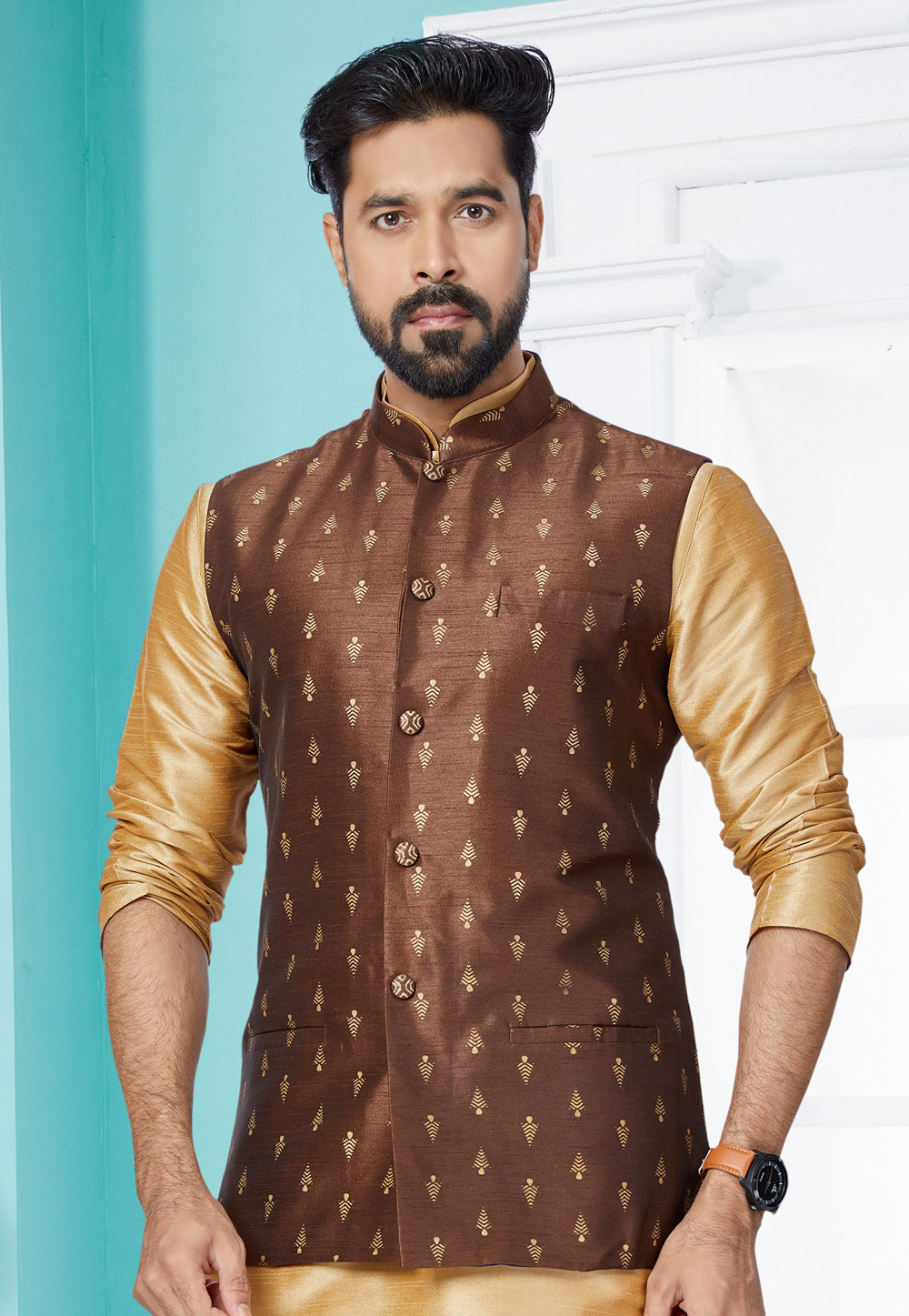 Brown Banarasi Nehru Jacket 286767