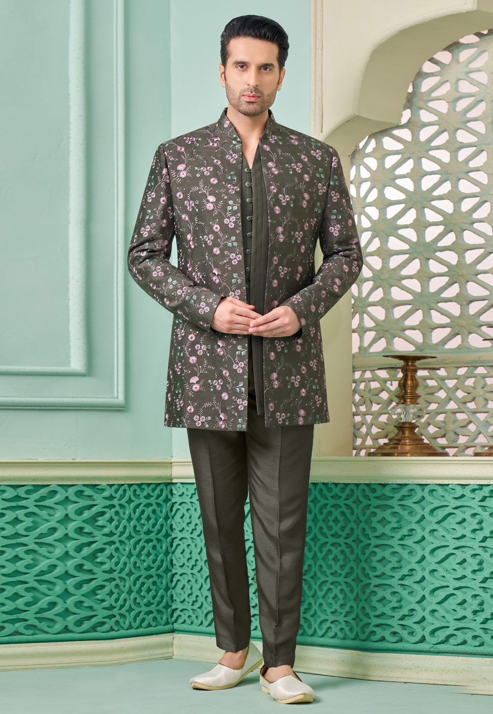 Brown Banarasi Silk Jacket Style Sherwani 285354