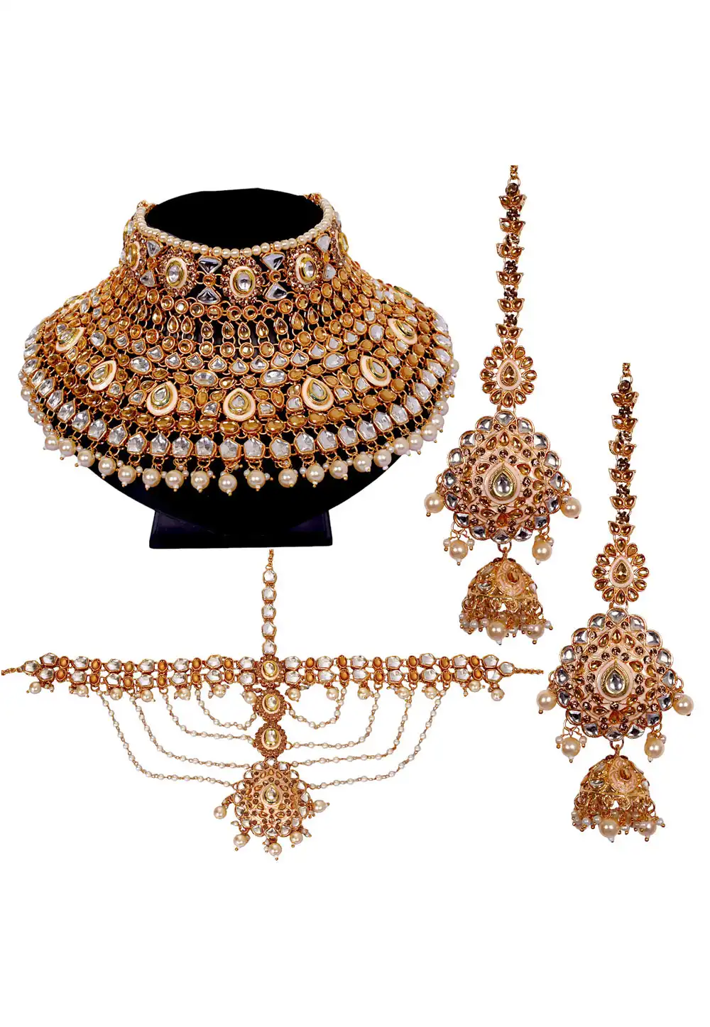 Brown Brass Austrian Diamonds and Kundan Necklace Set With Earrings and Maang Tikka 292917