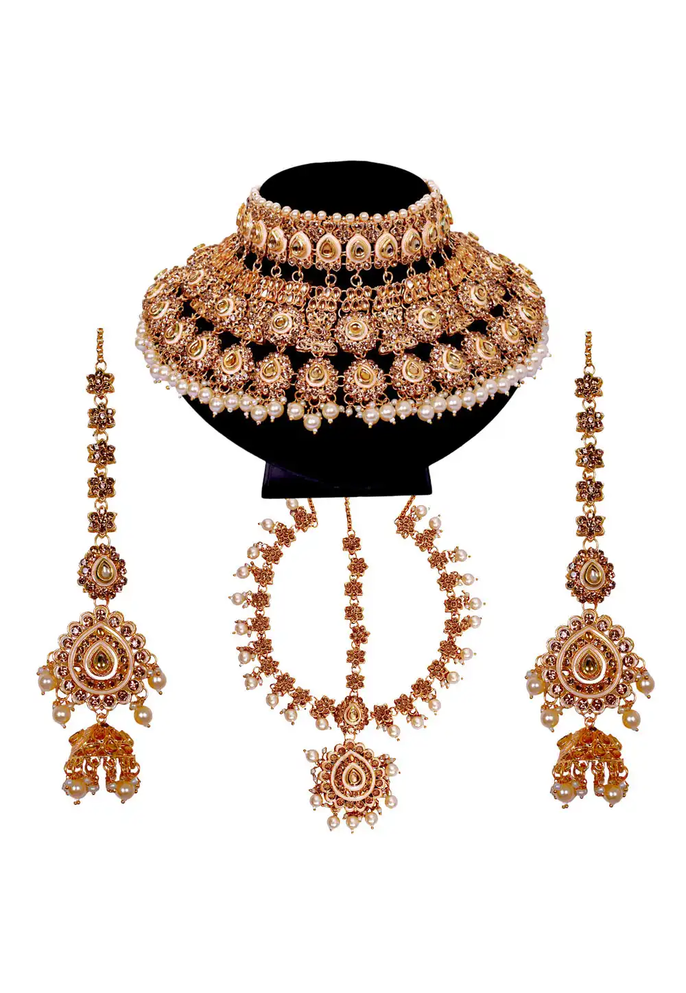 Brown Brass Austrian Diamonds and Kundan Necklace Set With Earrings and Maang Tikka 292928