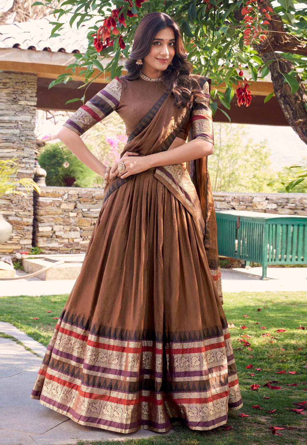 Brown Chanderi Circular Lehenga Choli 310486