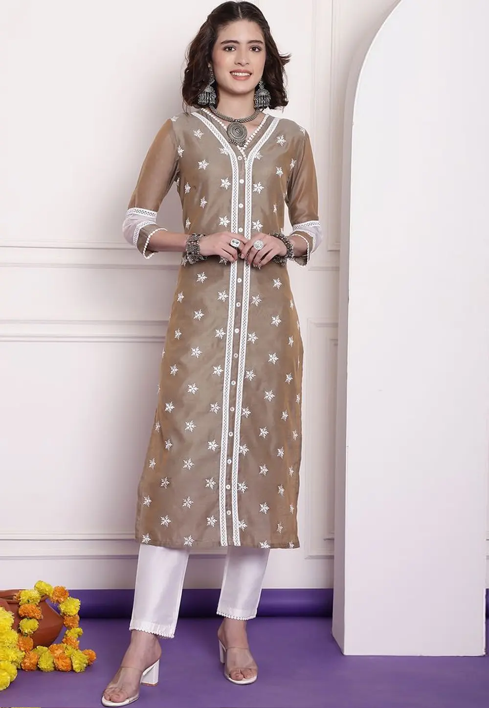 Brown Chanderi Long Kurti 303993