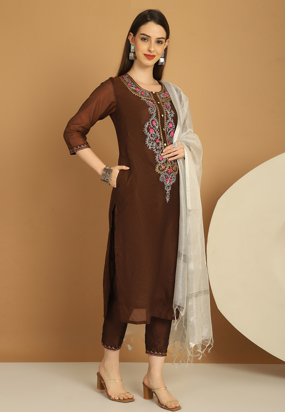 Brown Chanderi Readymade Pakistani Suit 279109