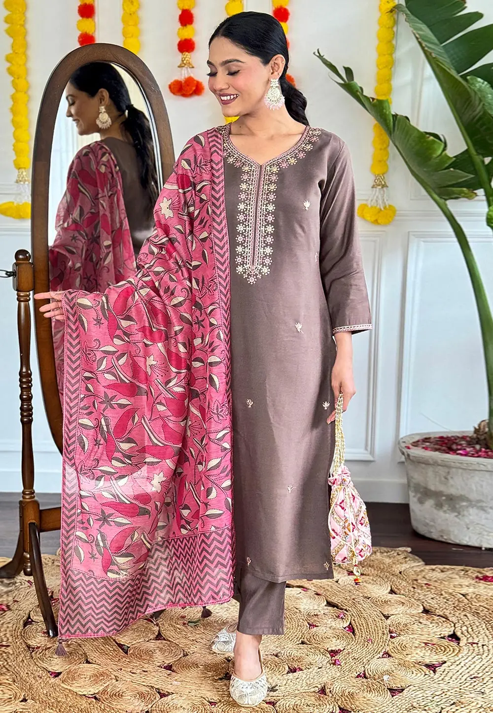 Brown Chanderi Readymade Pakistani Suit 303844