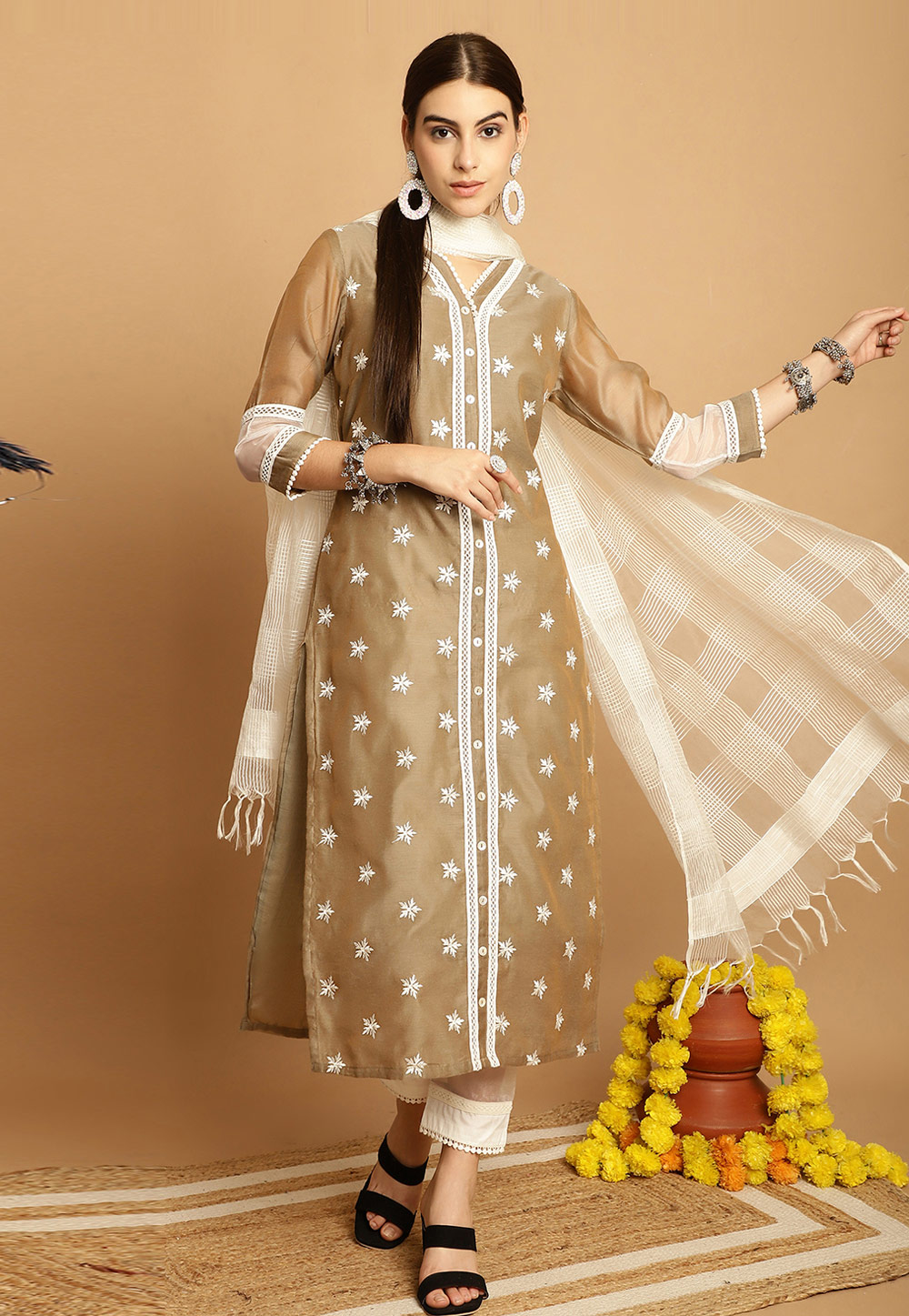 Brown Chanderi Readymade Pant Style Suit 280613