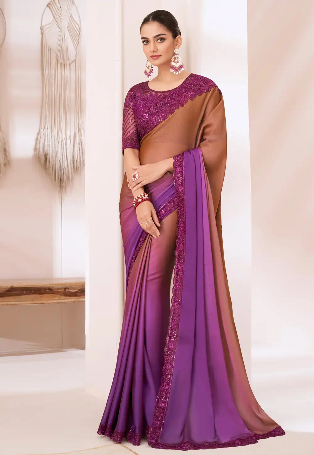 Brown Chiffon Half N Half Saree 292309