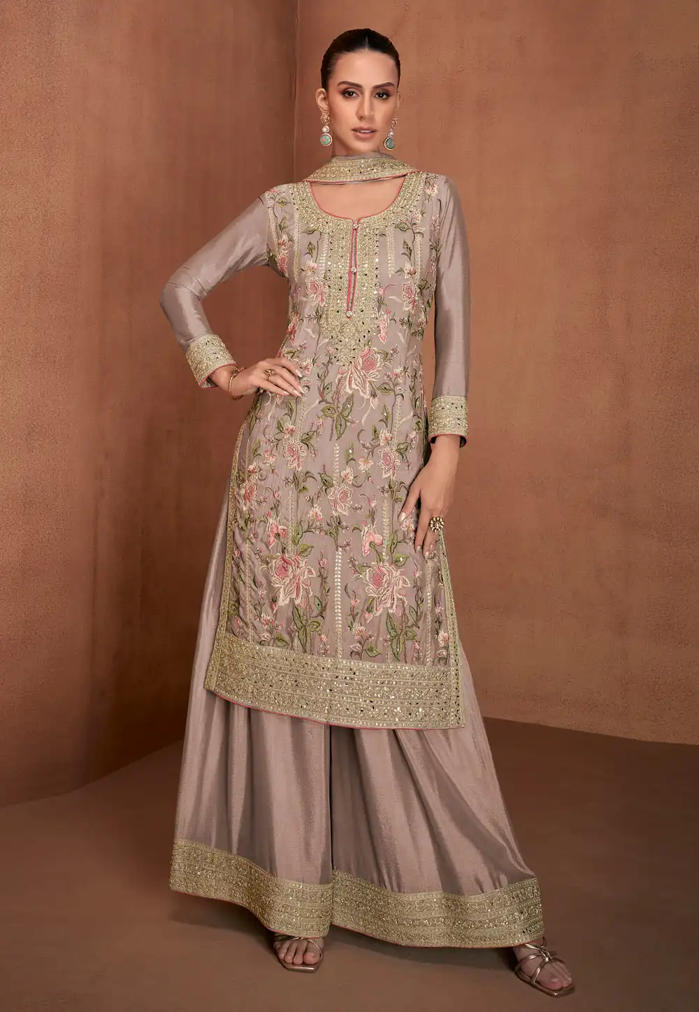 Brown Chinon Embroidered Palazzo Suit 294218