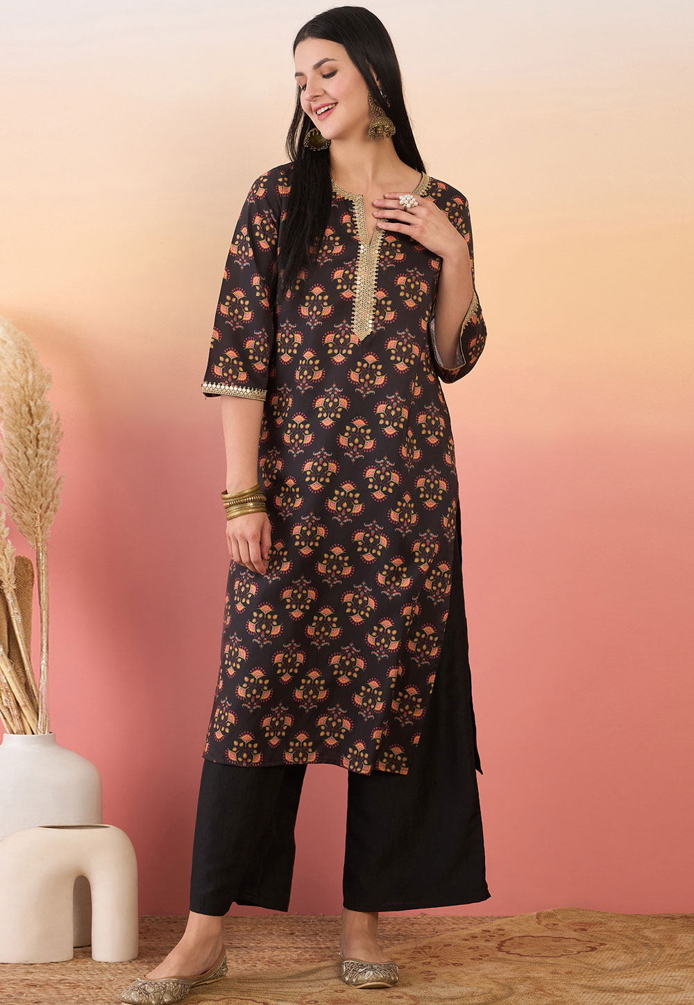 Brown Chinon Kurta Set With Palazzo 305251