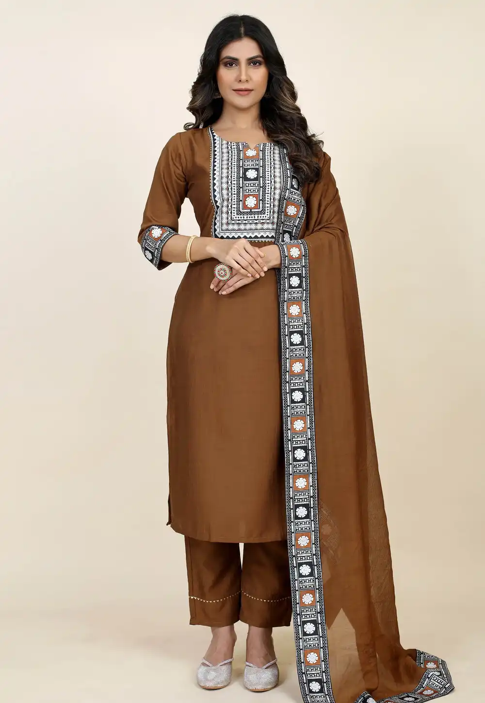 Brown Chinon Silk Readymade Pakistani Suit 293838