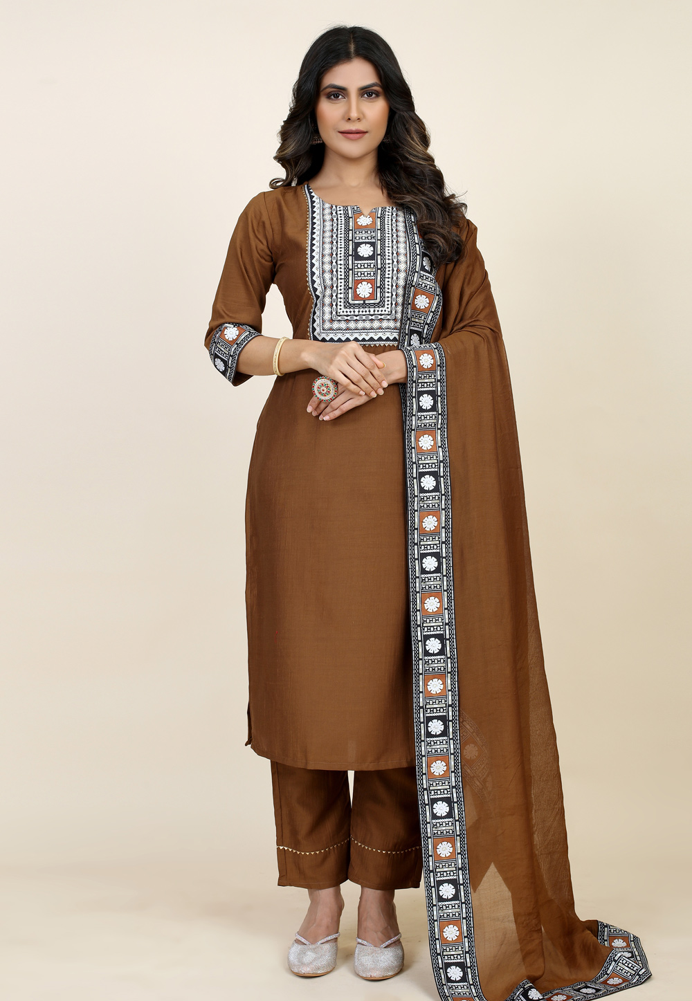 Brown Chinon Silk Readymade Pant Style Suit 283182