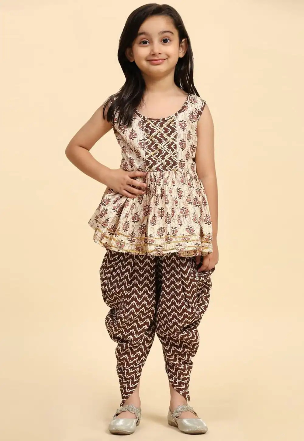 Brown Cotton Kids Dhoti Style Suit 293571